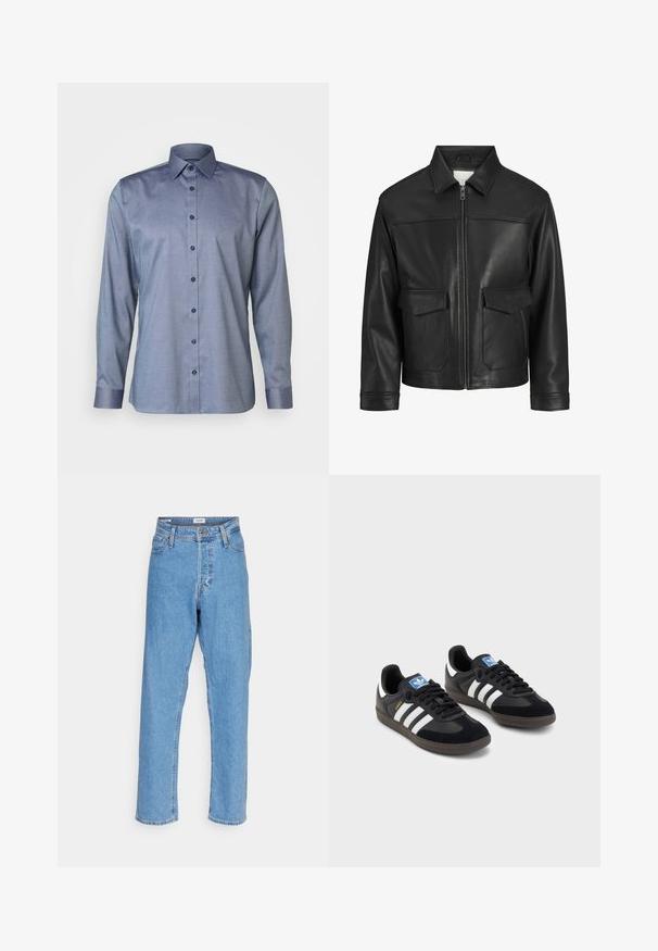 Melna ādas jaka ar apkakli, priekšējo rāvējslēdzēju, divām lielām kabatām ar atloku, gludu tekstūru un strukturētu piegriezumu.; OLYMP No. Six SIX SUPER SLIM - Formāls krekls - marine; Gaiši zils augstā jostasvietā taisna kāja džinsi ar priekšējo pogu, rāvējslēdzēja aizdari, jostu cilpām un piecu kabatu dizainu uz balta fona.; Melnas sporta apavas ar zamšādas un sintētisku augšdaļu, ar trim baltām svītrām, teksturētu gumijas zoli un zilu logo birku uz mēles.