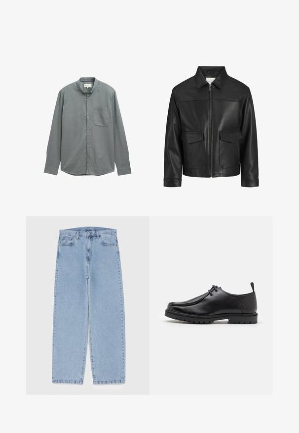 Giubbotto di pelle nera con colletto, chiusura frontale con zip, due ampie tasche a pattina, texture liscia e vestibilità strutturata.; Camicia button-up grigia chiara con colletto a punte, maniche lunghe e una tasca sul petto. Realizzata in un tessuto morbido e testurizzato.; Jeans in denim azzurro chiaro con design a gamba dritta, caratterizzati da una vita media, cinque tasche e chiusura con bottone e zip.; Scarpa nera in pelle con lacci e suola robusta, con un pratico anello sul tallone, vista di lato su sfondo bianco.