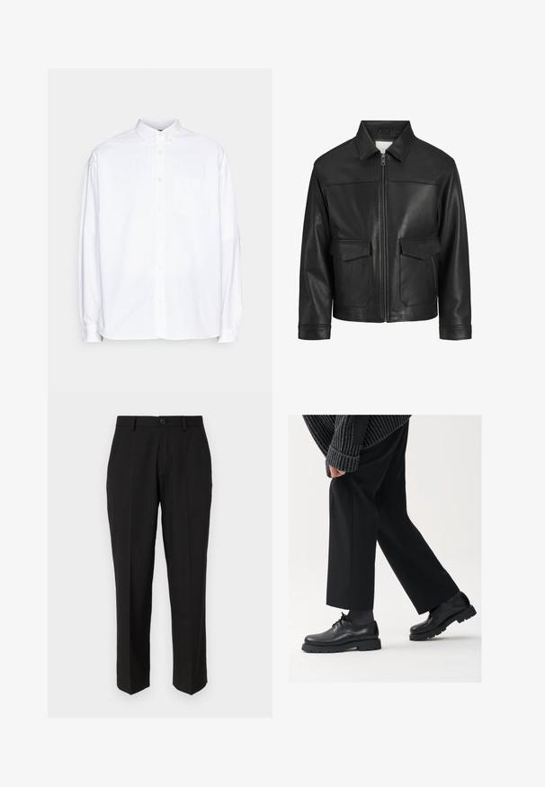 Črna usnjena jakna s ovratnikom, sprednjim zadrgo, dvema velikima žepoma s klapnio in gladko teksturo ter strukturirano prileganje.; Bela srajca z gumbi in ovratnikom, dolgimi rokavi in enim žepom na prsih. Narejena iz bombaža, ima gladko in svežo teksturo.; Črne hlače iz gladkega blaga, s straight leg krojem, sprednjimi žepi, enojnim gumbom za zapiranje in brez vidnih vzorcev.; Črne usnjene čEvlje s zaobljenim nosom, zavezovanjem in debelim, teksturiranim podplatom. Obute z urejenimi črnimi hlačami in rebrastim puloverjem.