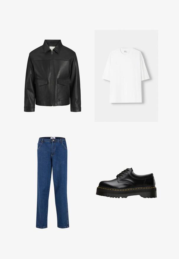 Zwarte leren jack met kraag, ritssluiting aan de voorkant, twee grote klepzakken, een gladde textuur en een gestructureerde pasvorm.; Witte t-shirt met korte mouwen, gemaakt van katoen, met een ronde halslijn en een relaxte pasvorm. Gladde textuur, zonder zichtbare patronen of accenten.; Blauwe denim jeans met een recht silhouet, voorzien van een knopenfly, voorzakken en contrasterende stiksels langs de naden.; Zwarte leren veterschoen met een dikke, getande zwarte rubberen zool en gele stiksels langs de rand, met een gladde afwerking.