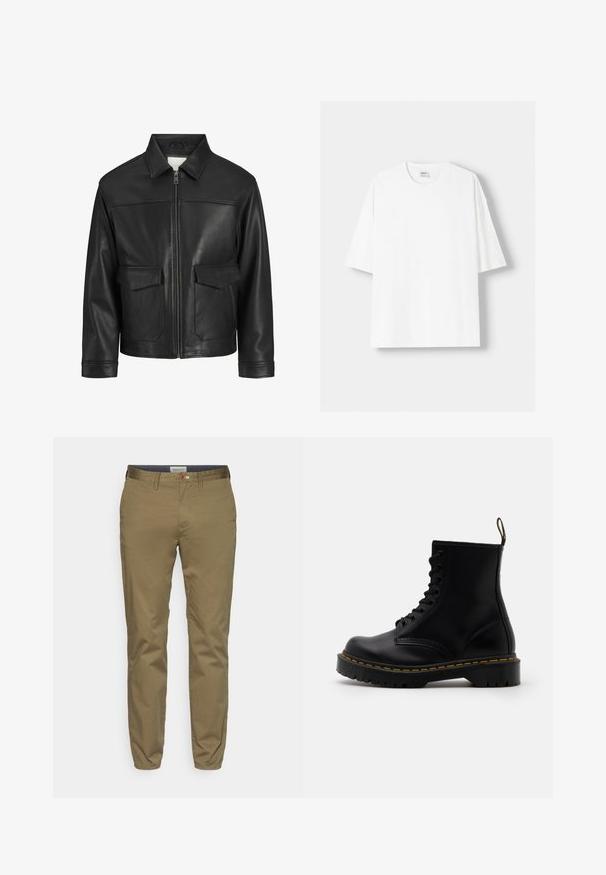 Sort læderjakke med krave, lynlås foran, to store klapperlommer, glat tekstur og struktureret pasform.; Hvid kortærmet T-shirt lavet af bomuld, med rund halsudskæring og en afslappet pasform. Glat tekstur, uden synlige mønstre eller detaljer.; Khaki chinos lavet af en bomuldsblanding, slim fit design med en glat tekstur, der har en brun knap og vævet talje detail.; Sorte læder ankelstøvler med snørebånd foran, gul syning, en rund tå og en tyk, tekstureret gummisål.