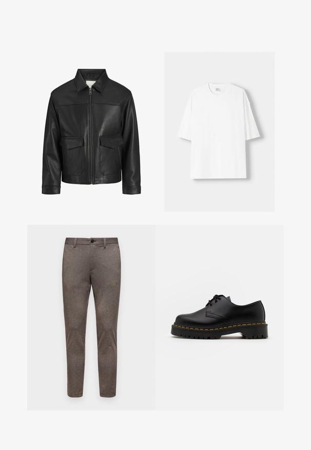 Čierna kožená bunda s golierom, predným zipsom, dvomi veľkými vreckami na klopu, hladkou textúrou a štruktúrovaným strihom.; Biela tričko s krátkym rukávom vyrobené z bavlny, s okrúhlym výstrihom a voľným strihom. Hladká textúra, bez viditeľných vzorov alebo akcentov.; Hnedé kárované nohavice so slim fit strihom. Majú rovný predný diel, gombíkový uzáver a jemnú textúru. Široké nohy sú zúžené bez viditeľných akcentov.; Čierna kožená šnurovacia topánka s okrúhlou špičkou, štruktúrovanou gumovou podrážkou a žltým prešitím okolo základne. Plný dizajn a hladký povrch.