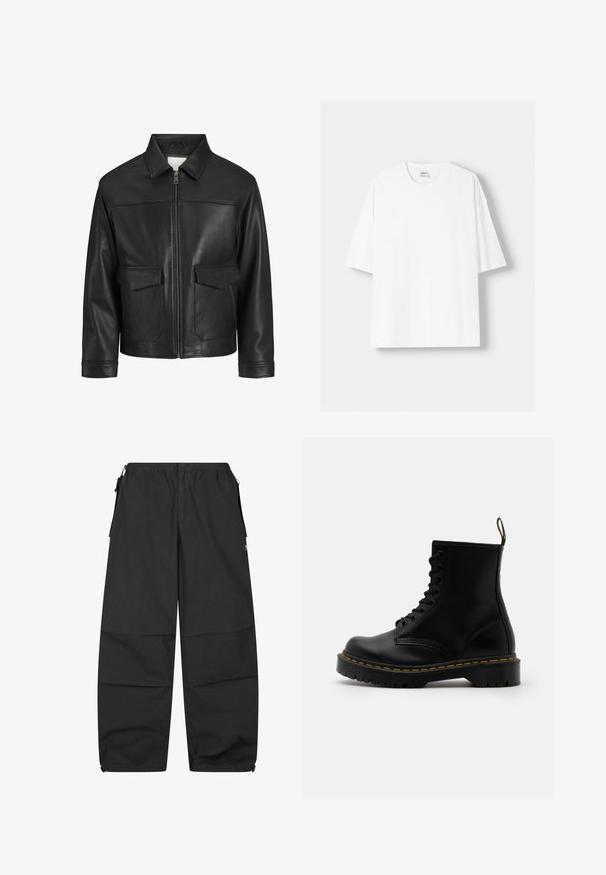 Veste en cuir noir avec un col, fermeture éclair à l'avant, deux grandes poches à rabat, texture lisse et coupe structurée.; T-shirt blanc à manches courtes en coton, avec un col rond et une coupe décontractée. Texture lisse, sans motifs ni accents visibles.; Pantalons en coton noir avec une taille élastique, deux poches latérales et une coupe décontractée. Présente des coutures et un design minimaliste.; Bottines en cuir noir avec un laçage à l'avant, des coutures jaunes, un bout rond et une semelle en caoutchouc épaisse et texturée.