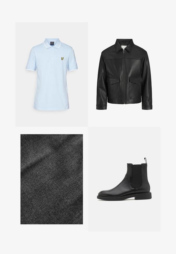 Giubbotto di pelle nera con colletto, chiusura frontale con zip, due ampie tasche a pattina, texture liscia e vestibilità strutturata.; Lyle & Scott Polo - light blue/white; Tessuto nero testurizzato con una superficie morbida e leggermente lucida, che mostra un sottile motivo di tessitura e una caduta morbida.; Stivale alla caviglia in pelle nera con texture liscia, pannelli laterali elastici e una linguetta per il tallone. Punta rotonda e suola piatta in gomma con minimo battistrada.