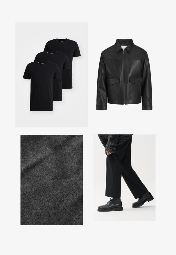 Juodas odinis švarkas su apykakle, priekinis užtrauktukas, dvi didelės kišenės su atlapais, lygus paviršius ir struktūruotas siluetas.; Trys juodos medvilnės marškinėliai, rodomi sudėtame išdėstyme. Kiekvienas turi apvalią iškirptę ir trumpas rankoves, su lygiu paviršiumi.; Textūruotas juodas audinys su minkštu, šiek tiek blizgiu paviršiumi, rodantis subtilų audimo raštą ir lygų kritimą.; Juodos odinės kojinės su apvalia nosimi, raištelių dizainu ir storu, tekstūriniu padu. Dėvimos su pritaikytomis juodomis kelnėmis ir liniuotėmis megztiniu.