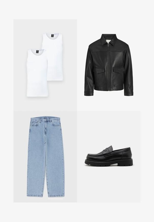 Czarna skórzana kurtka z kołnierzem, zapięciem na zamek z przodu, dwiema dużymi kieszeniami z klapką, gładką fakturą oraz dopasowanym krojem.; Dwa białe, bezrękawnikowe topy wykonane z miękkiego, lekkiego materiału. Posiadają okrągły dekolt i czysty, prosty design.; Jasnoniebieskie dżinsy o prostym kroju nogawki, z średnim stanem, pięcioma kieszeniami oraz zapięciem na guzik i zamek błyskawiczny.; Czarne skórzane mokasyny z zaokrąglonym noskiem, z fakturowanymi akcentami z przodu oraz masywną gumową podeszwą z rowkami zapewniającymi przyczepność.