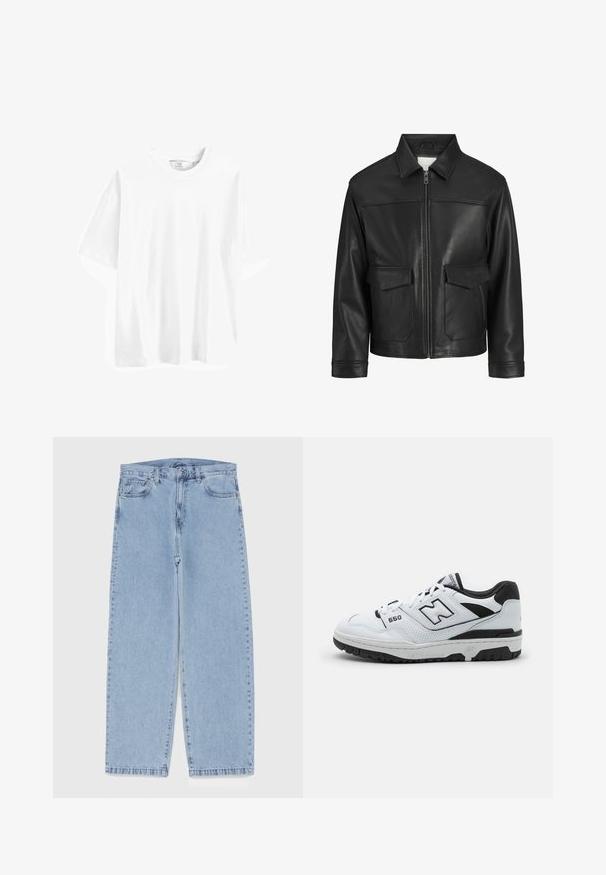 Jachetă din piele neagră cu guler, închidere cu fermoar pe față, două buzunare mari cu clapă, textură netedă și croială structurată.; Tricou alb din bumbac, cu mânecă scurtă, gât rotund, croială lejeră și textură netedă. Fără modele sau accente vizibile.; Jeans din denim de culoare albastru deschis, cu un design cu picioare drepte, având talie medie, cinci buzunare și un sistem de închidere cu nasture și fermoar.; Tenis de culoare albă, cu accenturi negre, superior din piele și plasă, detalii perforate, guler căptușit și talpă de cauciuc groasă. Model 550.