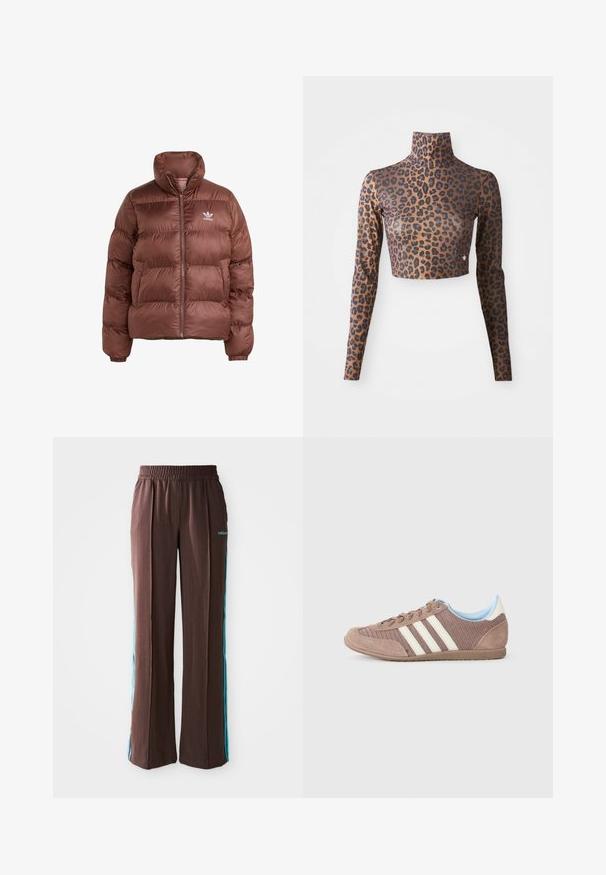 Casaco tipo puffer castanho com gola alta, fecho frontal de zip, design acolchoado e punhos elásticos. Apresenta o logótipo branco no lado esquerdo do peito.; Camisola cropped de manga longa com padrão de leopardo em castanho e preto, apresentando um decote alto e uma textura lisa e suave. Detalhe do logotipo discreto na bainha.; Calças atléticas castanhas com uma textura canelada, cintura elástica e riscas laterais turquesa. Apresentam o logo da adidas na frente.; Sapatilhas em malha castanha e camurça com três riscas brancas, forro interior azul e sola de borracha castanha texturizada, apresentando um design de atacadores.