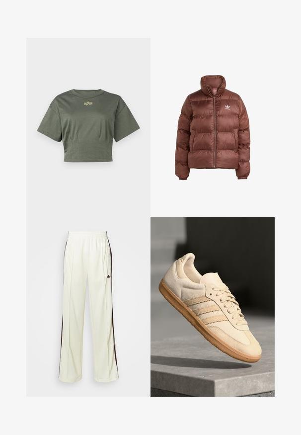 Brązowa kurtka puchowa z wysokim kołnierzem, zamkiem z przodu, pikowanym wzorem i elastycznymi mankietami. Posiada biały logo na lewej piersi.; Alpha Industries - T-shirt z nadrukiem; Kremowe dresy o luźnym kroju, z ciemnobrązowymi paskami po bokach i wyhaftowanym logo na lewej udzie.; Jasno beżowe zamszowe sneakersy z gumową podeszwą, trzema skośnymi paskami i teksturowanym noskiem. Zawierają logo na języku i boku.