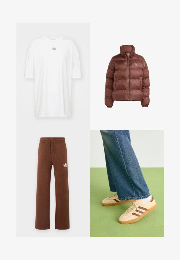 Brūns pūkains jaka ar augstu apkakli, rāvējslēdzēju priekšpusē, izšūtu dizainu un elastīgām aprocēm. Inžinēja baltais logo kreisajā krūtīs.; adidas Originals TEE - Pamata T-krekls - cloud white; Brūni sporta bikses no mīksta auduma ar brīvu piegriezumu, kurām ir elastīgs jostasvīrs, aukliņa un balts logs kreisajā augšstilbā.; Beidzīgi krēmbalti sporta apavi ar tekstūru un brūnā svītra, apvienoti ar zilu džinsu biksēm. Džinsus raksturo plata kāja un saplēsts apakšmalas dizains.