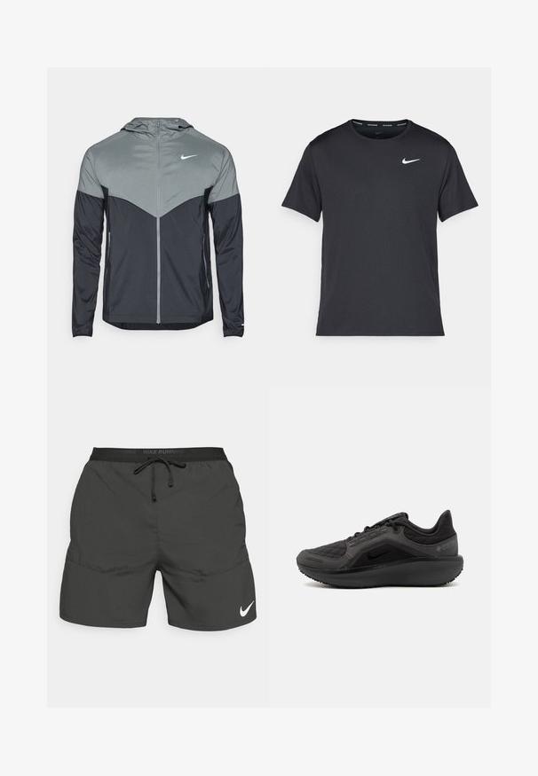 Chaqueta con capucha de Nike que presenta un diseño degradado con la parte superior en gris claro y la parte inferior en gris oscuro. Fabricada con un tejido suave y ligero, con cierre de cremallera.; Camiseta de running negra de Nike, hecha de material ligero y transpirable, con mangas cortas y un pequeño logo blanco en el pecho.; Pantalones cortos de correr negros con cinturilla elástica, cordón, bolsillos laterales y un logotipo de Nike en blanco en la parte inferior de la pierna izquierda.; Zapatilla deportiva negra con una parte superior acolchada texturizada, diseño elegante y suela de goma negra. Presenta un logo visible y la marca Gore-Tex.