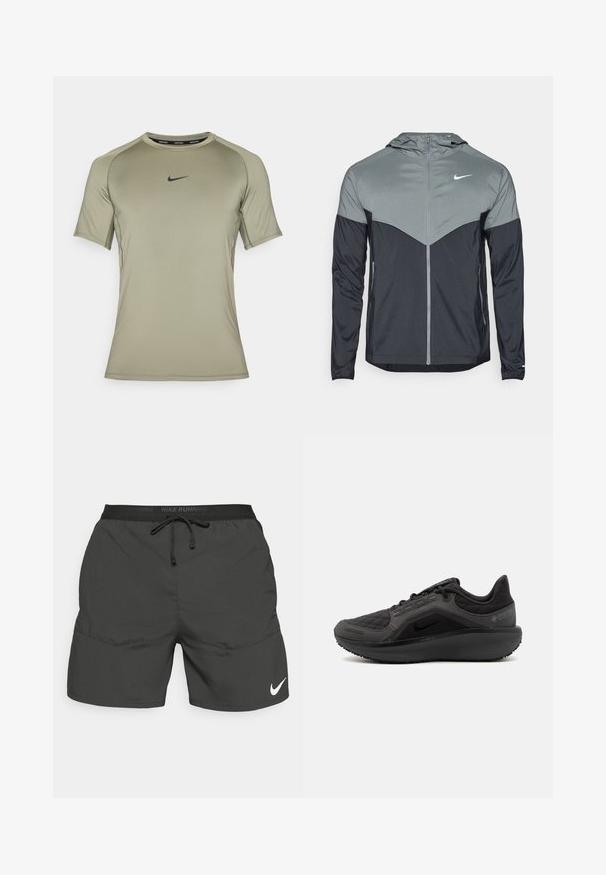 Chaqueta con capucha de Nike que presenta un diseño degradado con la parte superior en gris claro y la parte inferior en gris oscuro. Fabricada con un tejido suave y ligero, con cierre de cremallera.; Camiseta atlética de manga corta en verde oliva, hecha de una tela suave y ligera con un logo negro de Nike en el pecho y costuras cosidas.; Pantalones cortos de correr negros con cinturilla elástica, cordón, bolsillos laterales y un logotipo de Nike en blanco en la parte inferior de la pierna izquierda.; Zapatilla deportiva negra con una parte superior acolchada texturizada, diseño elegante y suela de goma negra. Presenta un logo visible y la marca Gore-Tex.