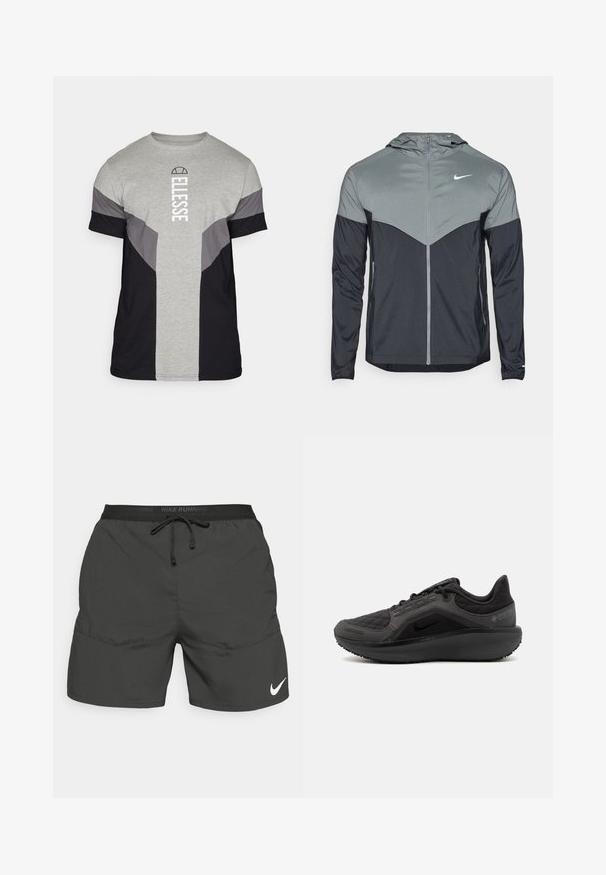 Chaqueta con capucha de Nike que presenta un diseño degradado con la parte superior en gris claro y la parte inferior en gris oscuro. Fabricada con un tejido suave y ligero, con cierre de cremallera.; Camiseta de algodón gris y negra de manga corta con diseño a bloques de color; presenta un logo en texto vertical blanco; la tela parece suave y ligera.; Pantalones cortos de correr negros con cinturilla elástica, cordón, bolsillos laterales y un logotipo de Nike en blanco en la parte inferior de la pierna izquierda.; Zapatilla deportiva negra con una parte superior acolchada texturizada, diseño elegante y suela de goma negra. Presenta un logo visible y la marca Gore-Tex.