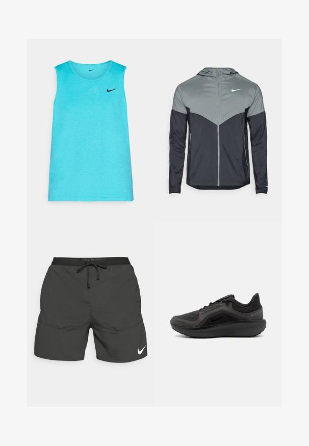 Giacca con cappuccio Nike con design a gradiente, con parte superiore grigia chiara e parte inferiore grigia scura. Realizzata in tessuto liscio e leggero, con chiusura a zip.; Top sportivo senza maniche di colore azzurro chiaro, realizzato in un tessuto liscio, con un logo Nike nero sul petto sinistro e un collo rotondo.; Pantaloni da corsa neri con vita elastica, cordino, tasche laterali e logo Nike bianco sulla gamba sinistra.; Scarpa sportiva nera con tomaia trapuntata testurizzata, design elegante e suola in gomma nera. Presenta un logo visibile e il marchio Gore-Tex.