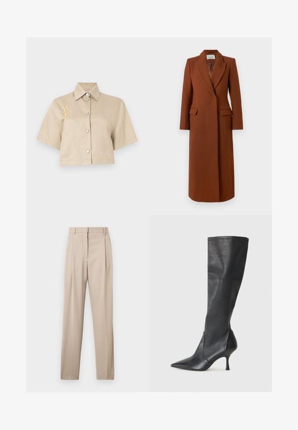 Long rust brown tailored wool coat with notch lapels, flap pockets, and inner satin lining, button closure hidden under front panel.; Cropped beige shirt with short sleeves, button front, and silver buttons. Features a yellow embroidered detail on the left side.; Beige tailored trousers with a straight leg, featuring pleats at the front and belt loops, made from a smooth fabric.; Knee-high black leather boots with a pointed toe and a slim stiletto heel. Smooth texture with a fitted design and stitching at the top edge.