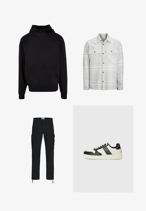 Grå rutete flanellskjorte med knappefester og to brystlommer. Har et rutete mønster med hvite og svarte detaljer.; Svart hettegenser laget av mykt stoff, med kengurulomme, ribbede mansjetter og avslappet passform. Glatt tekstur, minimalistisk design.; Svarte cargo-bukser med rett snitt, med sidelommer, knappelukking og elastiske snorer ved anklene. Laget av slitesterkt stoff.; Lædersneakers med sort og creme farveskema, der har perforerede detaljer, en polstret krave og en struktureret ydersål.