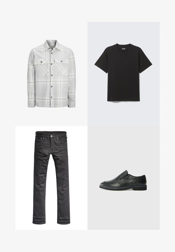 Grau kariertes Flanellhemd mit Knopfverschluss und zwei Brusttaschen. Es hat ein kariertes Muster mit weißen und schwarzen Akzenten.; Schwarzes T-Shirt mit kurzen Ärmeln aus weicher Baumwolle, mit rundem Ausschnitt und einfachem Design ohne Muster oder Akzente.; Schwarze Denim-Jeans mit klassischem geraden Beinschnitt. Mit Fronttaschen, Knopfverschluss und dezenten Stickdetails.; Schwarze Leder-Slipper mit glattem Obermaterial, gesteppten Akzenten, runder Zehenpartie und niedrigem Gummiabsatz. Die Sohle hat ein minimales Profil.