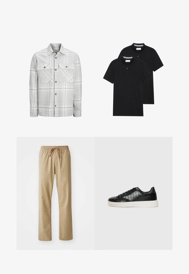 Chemise en flanelle à carreaux gris avec des boutons-pression et deux poches poitrine. Présente un motif à carreaux avec des accents blancs et noirs.; Deux polos noirs, à manches courtes, en coton, avec un col classique, une patte de boutonnage à deux boutons, et des accents rayés blancs à l'intérieur du col.; Pantalons beige clair avec une taille élastique et un cordon de serrage. Fabriqués en tissu doux, présentant des jambes droites et une texture lisse.; Baskets noires avec un dessus en cuir gaufré effet crocodile, bout rond et semelle en caoutchouc blanc contrastant avec une finition lisse.