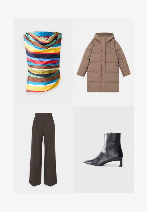 Brown insulated puffer coat with a hood, featuring a straight cut, quilted design, and subtle branding on the chest. Smooth texture.; Multicolored scarf featuring bold horizontal stripes in shades of blue, red, yellow, brown, and green. Smooth fabric with draped design.; Dark brown wide-leg trousers with a high waist, featuring neatly pressed creases, smooth texture, and a tailored fit.; Black leather ankle boot with a pointed toe and a sleek design. Features a low heel and a zipper closure at the back. Smooth texture.