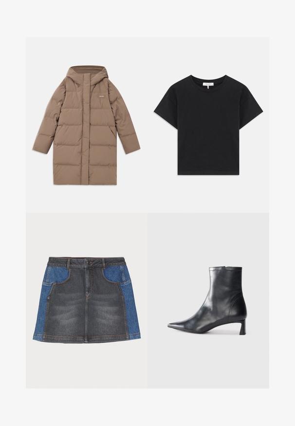 Rjava izolirana pufjakna s kapuco, s pravim krojem, prešitjem in diskretnim logotipom na prsih. Gladka tekstura.; Črni skrajšan majica iz bombaža, z okroglim izrezom, kratkimi rokavi in preprostim dizajnom brez vzorcev ali okrasnih elementov.; Jeans krilo z temno sivo sprednjo stranjo in svetlo modrima stranskima paneloma, rednim pasom, dvema sprednjima žepoma in kontrastnim šivom.; Črne usnjene gležnjarje s šiljastim nosom in elegantnim dizajnom. Imajo nizko peto in zadrgo na zadnji strani. Gladka tekstura.