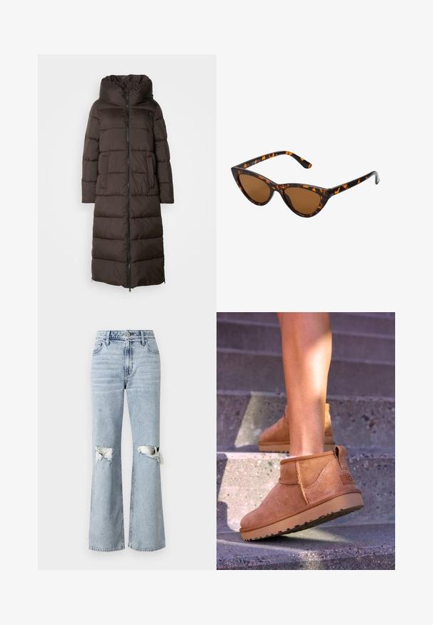 Brązowy puchowy płaszcz o długim, wyściełanym fasonie, z wysokim kołnierzem, zamkiem z przodu i kieszeniami bocznymi. Gładka, teksturowana tkanina o błyszczącym wykończeniu.; Beżowy sweter z golfem, wykonany z miękkiej tkaniny, z prążkowanym kołnierzem i mankietami, luźny krój oraz długie rękawy. Gładka tekstura, minimalistyczny design.; Jasnoniebieskie dżinsy z wysokim stanem i rozszerzanymi nogawkami. Posiadają dwa podarte miejsca na kolanach oraz standardowy pięciopakowy krój.; Brązowe zamszowe botki za kostkę o miękkiej teksturze, z przeszyciami i gumową podeszwą, wyposażone w pętelkę na pięcie dla łatwego zakładania.; Okulary przeciwsłoneczne w kształcie kocich oczu z czarno-pomarańczową oprawą w deseń żółwia, brązowymi soczewkami i eleganckimi, spiczastymi końcówkami. Posiadają minimalistyczne logo na zauszniku.
