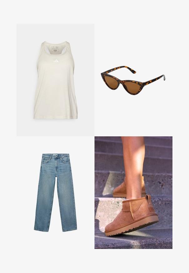 Brauner Puffer-Mantel mit langem, gepolstertem Design, hohem Kragen, Frontreißverschluss und Seitentaschen. Glattes, strukturiertes Material mit glänzender Oberfläche.; Beige Rollkragenpullover aus weichem Material, mit geripptem Kragen und Säumen, lässiger Passform und langen Ärmeln. Glatte Textur, minimalistisches Design.; adidas Performance TRAIN ESSENTIALS MINIMAL BRANDING RACERBACK - Top - alumina/white; Hellblaue Jeans aus Denim mit geradem Bein, hoher Taille, fünf Taschen und Kontrastnähten. Keine Verzierungen oder Muster vorhanden.; Beige Wildleder-Ankelstiefel mit weicher Textur, gesteppten Details und einer Gummisohle, ausgestattet mit einer Schlaufe an der Ferse für einfaches An- und Ausziehen.; Katzenaugen-Sonnenbrille mit einem schwarz-orangenen Schildpattrahmen, braunen Gläsern und schlanken, spitzen Enden. Verfügt über ein minimalistisches Logo am Bügel.