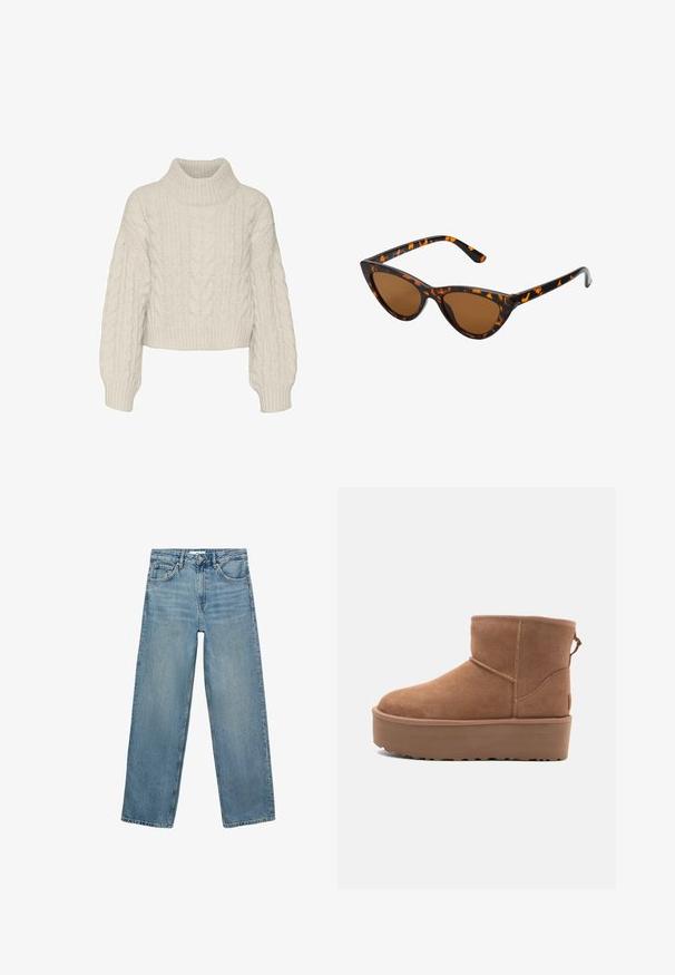Brauner Puffer-Mantel mit langem, gepolstertem Design, hohem Kragen, Frontreißverschluss und Seitentaschen. Glattes, strukturiertes Material mit glänzender Oberfläche.; Vero Moda VMDREAM CROP - Strickpullover - birch; Hellblaue Jeans aus Denim mit geradem Bein, hoher Taille, fünf Taschen und Kontrastnähten. Keine Verzierungen oder Muster vorhanden.; Beige Wildleder-Ankle-Boot mit Plateausohle, abgerundetem Zehenbereich und abgesteppten Akzenten; verfügt über eine Zuglasche hinten für einfaches An- und Ausziehen.; Katzenaugen-Sonnenbrille mit einem schwarz-orangenen Schildpattrahmen, braunen Gläsern und schlanken, spitzen Enden. Verfügt über ein minimalistisches Logo am Bügel.