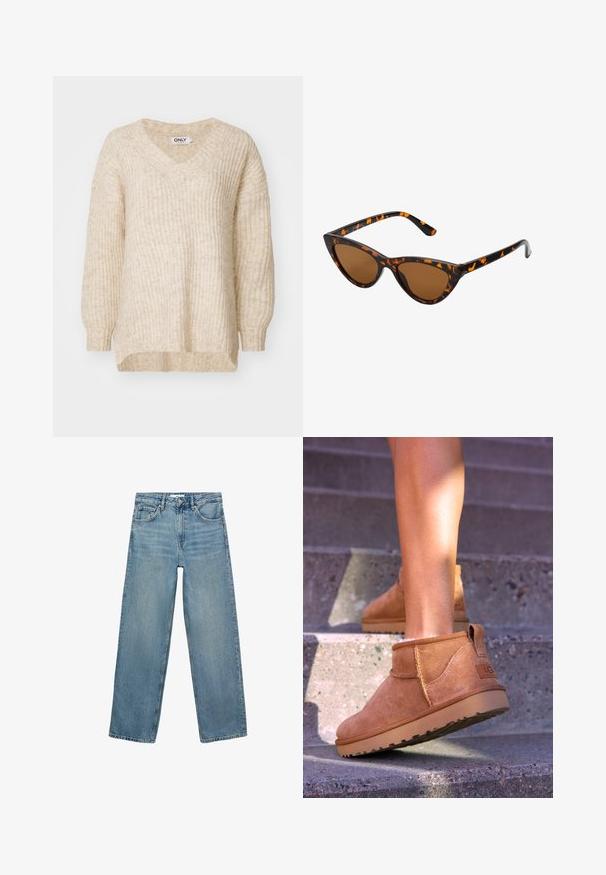 Rjav napihljiv plašč z daljšim, oblazinjenim dizajnom, visokim ovratnikom, sprednjim zadrgo in stranskimi žepi. Gladko, teksturirano blago z sijočim zaključkom.; Bež pleten pulover z V-izrezom, ohlapnimi rokavi in rebrasto teksturo. Oblikovanje ima raven rob in sproščen kroj.; Svijetloplavi traperice s ravnim krojem, visokim strukom, pet džepova i kontrastnim šavovima. Bez ukrasa ili uzoraka.; Svetlosive nobuck gležnjarji z mehko teksturo, všitimi detajli in gumijastim podplatom, z zanko na peti za enostavno obuvanje.; Mačje oči sončna očala z okvirom v črno-oranžni želvej ohišji, rjavimi lečami in elegantnimi, ostrimi konicami. Imajo minimalistični logo na ročaju.