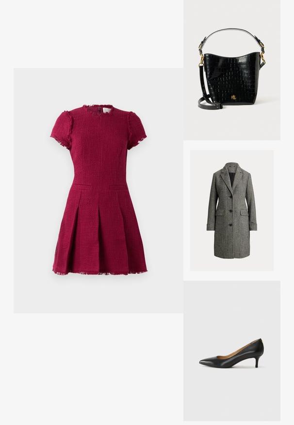 Sivi kaput od riblje kscale s rebrastim uzorkom, koji ima izrezani ovratnik, prednje džepove i četiri crna dugmeta, te glatku unutarnju podstavu.; Bordo haljina s kratkim rukavima, teksturirana tkanina, okrugli izrez i rastrgano dno. Ima dva prednja džepa i dizajn suknje s nabranim detaljima.; Crne kožne cipele s uskim vrhom, niskom petom i glatkom teksturom. Imaju blago otvaranje sprijeda i minimalne metalne detalje straga.; Crna torba od kože s uzorkom krokodila, zakrivljenog oblika, s zlatnim metalnim detaljima, podesivim remenom i logotipom sprijeda.