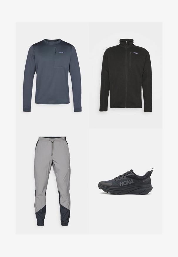 Casaco de lã preta com gola alta, fecho completo à frente, bolsos laterais e um pequeno logotipo no peito. Material texturizado.; Camisa sintética de manga longa, azul-marinho, com um colarinho redondo, bolso no peito e fecho de meio zíper. Textura suave e design justo.; Calças de treino leves e cinzentas com detalhes pretos. Cintura elástica, fecho com cordão, design de perna afunilada e bolsos laterais.; Sapatilha de corrida Hoka preta com parte superior em malha, detalhes texturizados e uma sola grossa e acolchoada com bordas afiladas para um suporte melhorado.