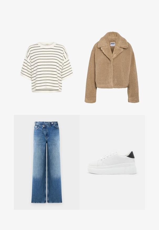 Krótki beżowy płaszcz typu teddy z wyciętym kołnierzem, wykonany z teksturowanego polaru, z długimi rękawami. Posiada ukryte zapięcie z przodu.; Biała krótka koszulka z miękkiego materiału, z poziomymi oliwkowymi paskami, okrągłym dekoltem i szerokimi krótkimi rękawami.; Jasnoniebieskie dżinsy o szerokich nogawkach z wybledzonym wykończeniem, z klasycznym pięciop pocketsowym wzorem i metalowymi guzikami w talii.; Białe sneakersy na platformie wykonane z gładkiego materiału syntetycznego, z zaokrąglonym noskiem, sznurowanym zapięciem i teksturowaną gumową podeszwą. Czarne akcenty na pięcie.