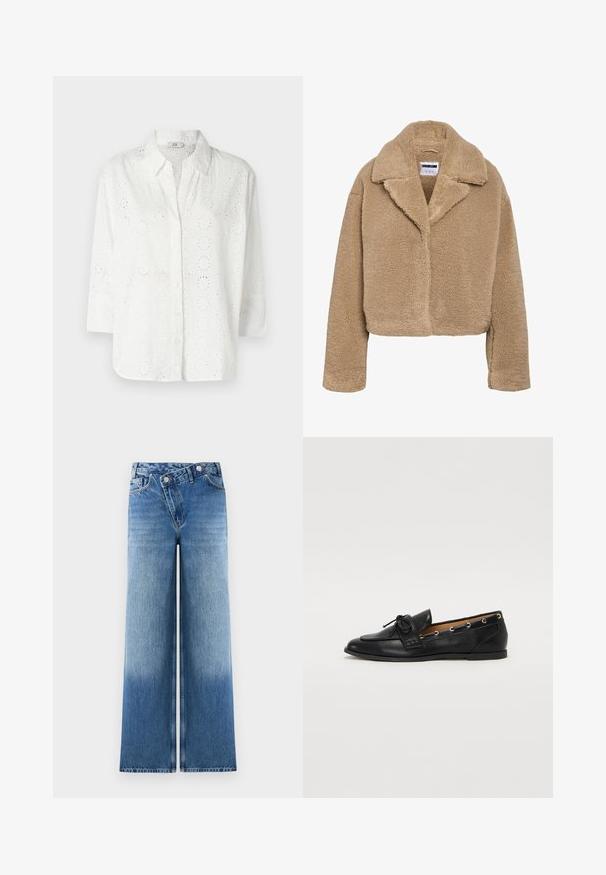 Trumpas smėlio spalvos teddy paltas su išpjauta apykakle, tekstūruotu vilnos audiniu ir ilgomis rankovėmis. Savybė: paslėptas priekinis užsegimas.; Balta mygtukų marškiniai, pagaminti iš siuvinėtų audinių su akių išpjovomis, turintys apykaklę ir tris ketvirčius rankovėmis.; Šviesiai mėlynos plačios kojų džinsai su išblukusia danga, turintys klasikinį penkių kišenių dizainą ir metalinius mygtukus juosmens srityje.; Juodi odiniai loafai su surišta mazgeliu, su auksinėmis akytėmis šoninėse dalyse ir plokščiu guminiu padu. Lygus paviršius, klasikinis dizainas.