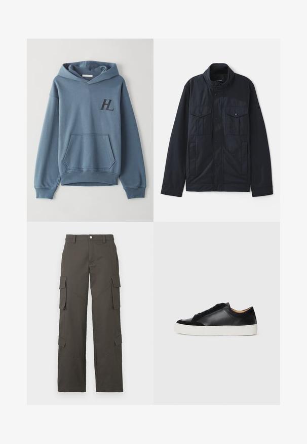 Marinejakke med en struktureret krave, trykknaplukning, to brystlommer og en blød, mat overflade. Designet med fokus på funktionalitet og komfort.; Blå bomulds-hoodie med en frontlomme, ribbede manchetter og hætte med snøre. Har et sort "HL" logo på brystet. Blød tekstur.; Mørkegrå straight-leg cargo bukser med knaplukning og fire klaplommer, to på lårene og to nær læggene.; Sort lædersneaker med ruskindselementer, rund tå, flad hvid gummisål og kontrasterende teksturer på kroppen og snørebåndene.