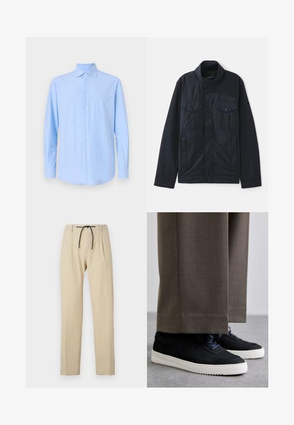 Giacca navy con colletto strutturato, chiusura con bottoni a pressione, due tasche sul petto e una finitura morbida e opaca. Progettata per funzionalità e comfort.; Camicia button-up azzurro chiaro con righe verticali, maniche lunghe, colletto a punta e bottoni bianchi, realizzata in tessuto liscio e tessuto.; Pantaloni beige con una vestibilità dritta, dotati di una vita con cordoncino, frontale plissettato e texture liscia. Design semplice e versatile.; Sneakers in suede nera con suole in gomma bianca, dotati di punta tonda e lacci, indossati con pantaloni grigi su misura.