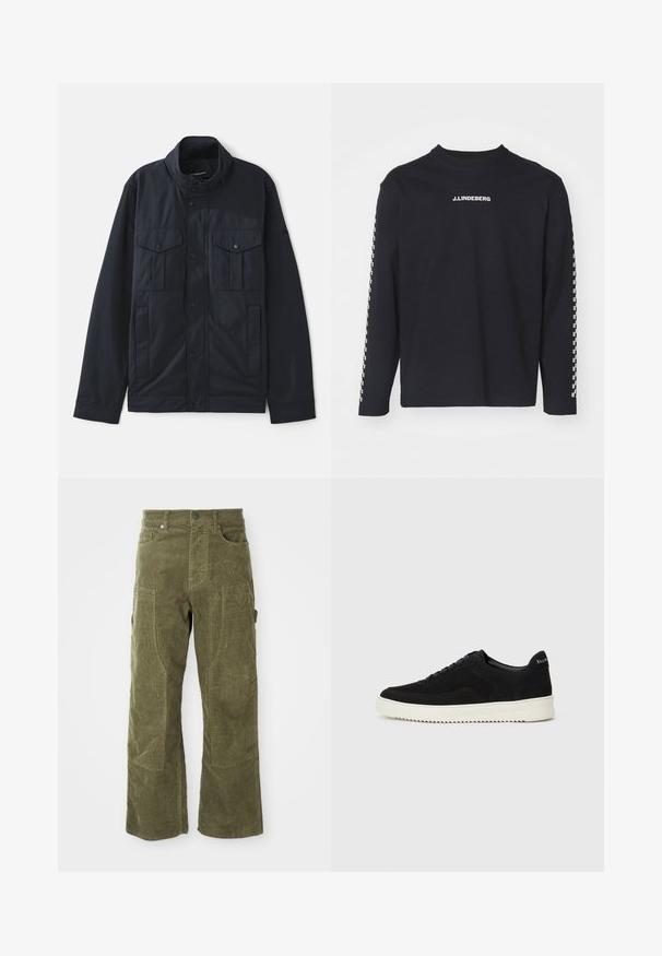Giacca navy con colletto strutturato, chiusura con bottoni a pressione, due tasche sul petto e una finitura morbida e opaca. Progettata per funzionalità e comfort.; T-shirt a maniche lunghe nera in cotone, con scollo a girocollo e logo J.Lindeberg sul petto, con motivo a scacchi sulle maniche.; Pantaloni in corduroy verde oliva con tasche frontali e laterali, pannelli alle ginocchia rinforzati e chiusura con bottone e zip.; Sneaker in suede nero con design con lacci e suola in gomma bianca a contrasto. Presenta pannelli laterali testurizzati e un marchio discreto sul tallone.