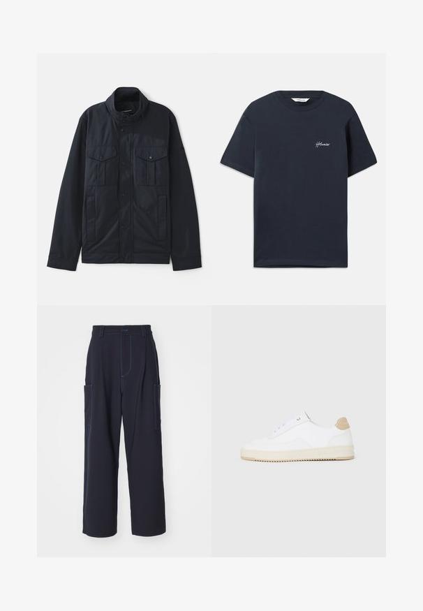 Granatowa kurtka z wyprofilowanym kołnierzem, zapięciem na zatrzaski, dwiema kieszeniami na piersi oraz miękkim, matowym wykończeniem. Zaprojektowana z myślą o funkcjonalności i komforcie.; Granatowa bawełniana koszulka z krótkim rękawem. Posiada białe haftowane logo marki na lewej piersi. Klasyczny okrągły dekolt.; Granatowe spodnie cargo z niebieskimi szwami, elastycznym pasem, dwoma bocznymi kieszeniami, prostym krojem nogawki i miękką teksturą materiału.; Białe niskie sneakersy z teksturowanej skórzanej cholewce, kremową żłobioną podeszwą i brązowym akcentem na pięcie. Posiadają białe sznurowadła i detal z logo na pięcie.
