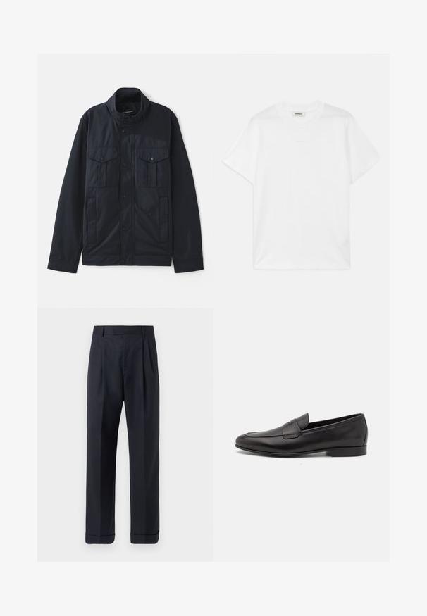 Marineblauwe jas met een gestructureerde kraag, drukknopen, twee borstzakken en een zachte, matte afwerking. Ontworpen voor functionaliteit en comfort.; Witte katoenen t-shirt met een ronde hals, korte mouwen en een subtiele logo-print op de voorkant. Glad textuur en eenvoudig ontwerp.; Tiger of Sweden TREYTON - Broek - dark ink; Zwarte leren herenloafers met een lage hak en een klassiek pennystrap-ontwerp, getoond in zijaanzicht op een witte achtergrond.