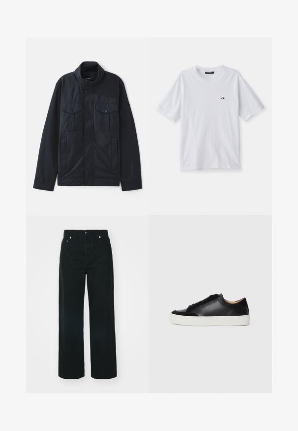 Granatowa kurtka z wyprofilowanym kołnierzem, zapięciem na zatrzaski, dwiema kieszeniami na piersi oraz miękkim, matowym wykończeniem. Zaprojektowana z myślą o funkcjonalności i komforcie.; Biała bawełniana koszulka z okrągłym dekoltem i krótkimi rękawami, z niewielkim czarnym logo na piersi. Gładka tekstura i luźny krój.; Czarne dżinsowe spodnie o szerokich nogawkach z wysokim stanem, wyposażone w kieszenie z przodu, zapięcie na guziki i subtelne detale przeszyć.; Czarne skórzane trampki z akcentami z zamszu, okrągły czubek, płaska biała gumowa podeszwa i kontrastujące tekstury na cholewce oraz sznurówkach.