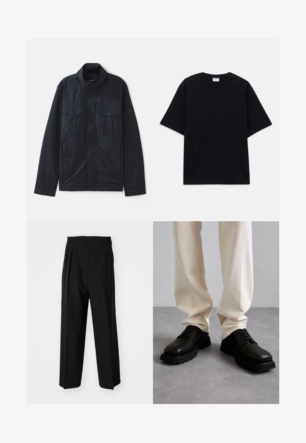 Granatowa kurtka z wyprofilowanym kołnierzem, zapięciem na zatrzaski, dwiema kieszeniami na piersi oraz miękkim, matowym wykończeniem. Zaprojektowana z myślą o funkcjonalności i komforcie.; Czarny, krótki rękaw, oversize'owy T-shirt z okrągłym dekoltem i widoczną metką marki Filippa K wewnątrz kołnierza.; Czarne plisowane spodnie o prostym, szerokim kroju nogawek. Wykonane z gładkiego materiału, z zapięciem na guzik i pętelkami na pasek.; Czarne skórzane buty o fakturowanej powierzchni, okrągłym nosku i sznurowanym przodzie. Gumowa podeszwa z bieżnikiem zapewniającym przyczepność, noszone z kremowymi spodniami.