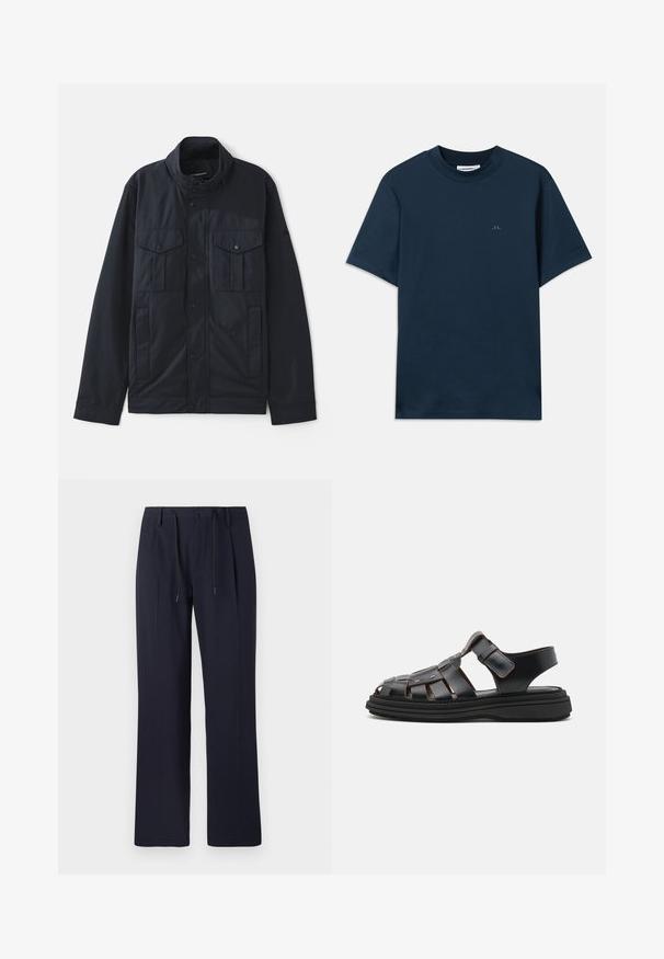 Granatowa kurtka z wyprofilowanym kołnierzem, zapięciem na zatrzaski, dwiema kieszeniami na piersi oraz miękkim, matowym wykończeniem. Zaprojektowana z myślą o funkcjonalności i komforcie.; Granatowa bawełniana koszulka z okrągłym dekoltem, krótkim rękawem i subtelnym logo nadrukowanym na piersi. Gładka faktura i klasyczny krój.; Granatowe spodnie o prostym kroju, wykonane z teksturowanej tkaniny. Posiadają zapięcie na guzik z przodu oraz regulowany ściągacz w talii.; Czarne skórzane sandały z plecionym wzorem, z regulowanymi paskami, metalowymi akcentami i grubą czarną podeszwą dla stabilności.