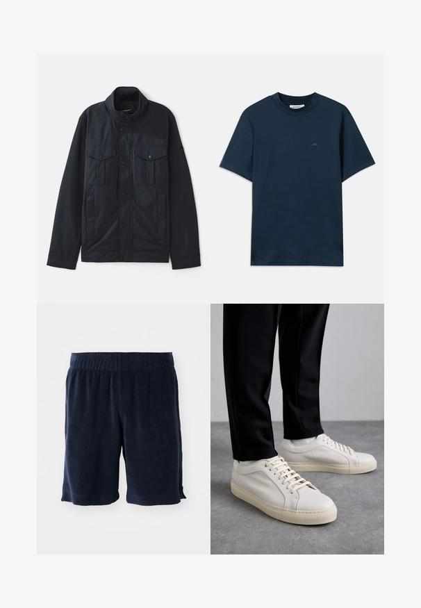 Merikanssijakku, jossa on rakenteellinen kaulus, painonappikiinnitys, kaksi rintataskua ja pehmeä, mattapintainen viimeistely. Suunniteltu käytännöllisyyttä ja mukavuutta varten.; T-paita laivastonsinisestä puuvillasta, jossa on pyöreä kaula-aukko, lyhyet hihat ja hillitty logo painettuna rintaan. Sujuva Textura ja klassinen istuvuus.; Tummansininen froteekangasshortsi, jossa on joustava vyötärö, polvenpituus ja sivutaskut. Pehmeä rakenne ja yksinkertainen muotoilu.; Vaaleanbeige nahkakengät, joissa on litteät nauhat, teksturoitu pinta ja kontrastiväri kermanvalkoinen kumipohja, yhdistettynä mustiin kapeisiin housuihin.