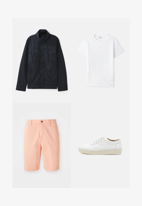 Merikanssijakku, jossa on rakenteellinen kaulus, painonappikiinnitys, kaksi rintataskua ja pehmeä, mattapintainen viimeistely. Suunniteltu käytännöllisyyttä ja mukavuutta varten.; Valkoinen puuvillainen t-paita, pyöreä kaula-aukko, lyhyet hihat, sileä pinta, ei kuvioita tai yksityiskohtia, yksinkertainen muotoilu, normaali istuvuus.; Peach-väriset shortsit, jotka on valmistettu kevyistä materiaaleista ja joissa on klassinen muotoilu, etunapilla suljettuna ja sivutaskuina.; Valkoiset nahkakengät, joissa on teksturoitu pinta, pyöreä kärki, beigen värinen kumipohja ja kuusi harmaata nauhakujaa, joissa on huomaamaton brändäys sivussa.