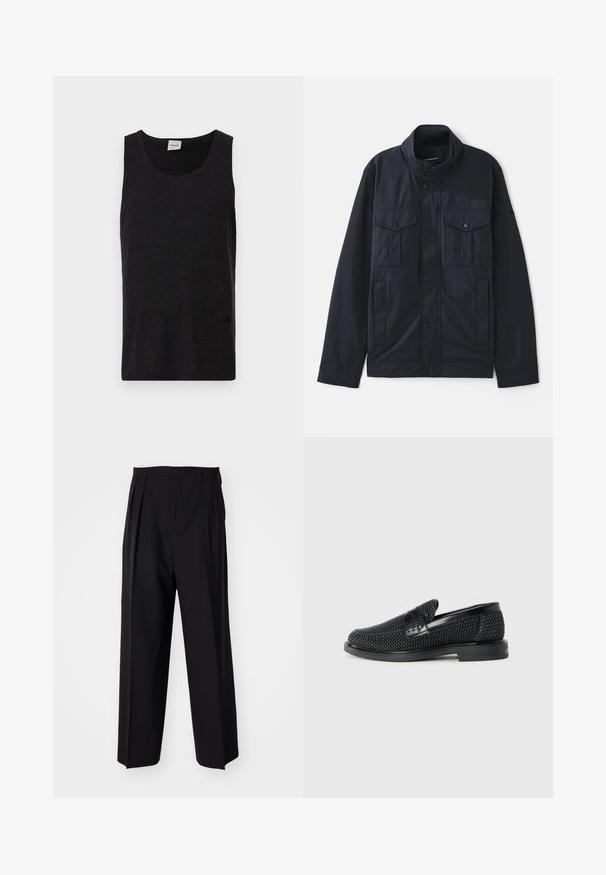 Giacca navy con colletto strutturato, chiusura con bottoni a pressione, due tasche sul petto e una finitura morbida e opaca. Progettata per funzionalità e comfort.; Top senza maniche nero realizzato in materiale testurizzato. Presenta un colletto rotondo e un accento logo discreto vicino all'orlo. Design semplice.; Pantaloni neri a pieghe con un design dritto e gamba larga. Realizzati in tessuto morbido, con chiusura a bottone e passanti per cintura.; Scarpa nera a mocassino intrecciata con un accentuato in pelle liscia sulla parte superiore, design a punta rotonda e suola in gomma a profilo basso.
