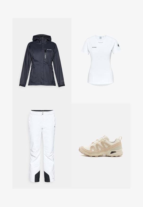 Wasserabweisende Columbia-Jacke in Dunkelblau, ausgestattet mit einer Reißverschluss-Brusttasche, verstellbarer Kapuze und elastischen Bündchen für einen engen Sitz.; Kurzärmliges weißes Sportshirt mit Rundhalsausschnitt, das ein Logo auf der Brust und eine glatte, leichte Stofftextur aufweist.; Weiße Schneehosen mit einem schlanken Design, ausgestattet mit zwei Fronttaschen, verstärkten schwarzen unteren Paneelen und einem Knopfverschluss am Bund.; Beige und cremefarbenen Sportschuh mit strukturiertem Mesh-Obermaterial, unterstützenden Überzügen und Gummisohle mit einem Profilmuster für Bodenhaftung.