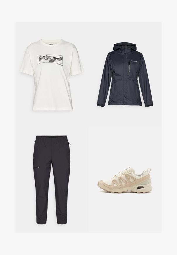 Veekindel Columbia jakk tumesinises värvitoonis, millel on lukuga rinnatasku, reguleeritav kapuuts ja elastsed mansetid mugava istuvuse tagamiseks.; Valge puuvillane T-särk, millel on must joonistustest koosnev graafika mägedest ja mäenõlvadest rinna kohal, ja logo madalal küljel.; Jack Wolfskin PRELIGHT TRAIL - Õuepüksid - black; Beež ja koobalti spordijalats tekstureeritud võrkkattega, toetavad ülemised kihid ja kummist tallaga, millel on mustriga joonistus haardeks.