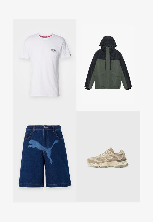Grüne und schwarze Jacke mit Kapuze, ausgestattet mit einem Reißverschluss vorne, zwei Brusttaschen und zwei Seitentaschen. Hergestellt aus weichem, wasserabweisendem Material.; Weißes Baumwoll-T-Shirt mit einem kleinen Grafikdesign auf der linken Brust, rundem Halsausschnitt und kurzen Ärmeln, mit rotem Innenschild-Detail.; Dunkelblaue Denim-Shorts mit einer hellblauen Silhouette einer springenden Katze. Klassisches Design mit fünf Taschen und sichtbaren Steppnähten.; Beige Sport sneakers aus Mesh- und Wildledermaterialien, runde Zehenpartie, dicke Sohle und auffällige reflektierende Akzente an der Seite.