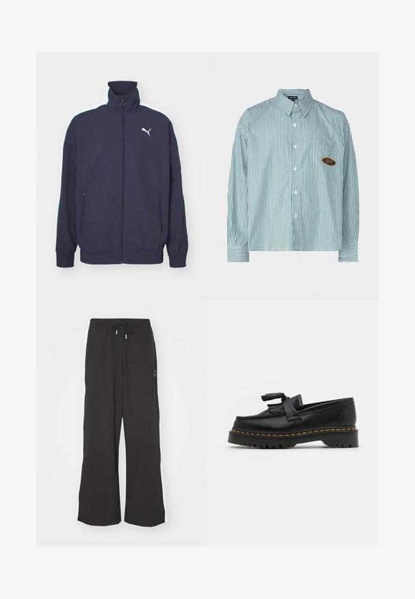 Šviesiai mėlynas švarkas su aukštu apykakle, priekyje užtrauktukas, šoniniai kišeniai ir kontrastingos baltos ir mėtų žalios juostos ant pečių. Yra logotipo akcentas.; Kaotiko UNISEX - Marškiniai - green; Juodi platūs sportiniai kelnės su elastingu juosmeniu ir raišteliu. Turėtų baltas šonines juosteles ir dvi šonines kišenes. Sklandus paviršius.; Juodas odinis loaferis su kutais, turintis masyvų juodą pado ir geltonus siūlus palei kraštą. Textūruota danga.