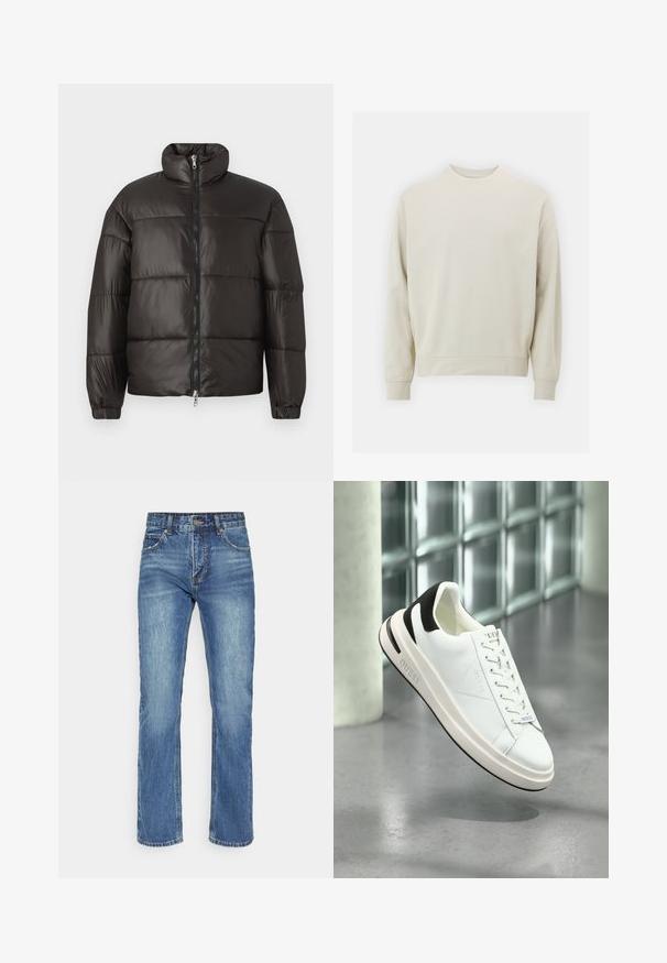 Črn puhovka z visokim ovratnikom, zadrgo in vodoravno prešitimi odseki. Narejena iz sijočega, gladkega materiala z elastičnimi manšeti.; Svetlo bež sweatshirt iz mehkega blaga s krožnim izrezom, dolgimi rokavi ter rebrastimi manšetami in robom. Minimalističen dizajn, brez vidnih vzorcev.; Modre jeanske hlače s ravnim krojem, ki imajo zadrgo, gumb zapiranje in pet žepov, z opranim videzom.; Beli usnjeni športni copati z črnimi detajli, ravno vezavi in teksturiranim podplatom. Na strani in jeziku se nahaja logotip "GUESS".