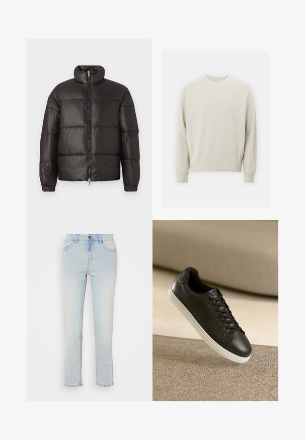 Casaco puffer preto com colarinho alto, fecho de zip e secções acolchoadas horizontais. Feito de material brilhante e suave com punhos elásticos.; Sweatshirt bege claro feito de um tecido suave, com decote redondo, mangas compridas e punhos e barra canelados. Design minimalista, sem padrões visíveis.; Jeans de denim azul claro com um design de perna reta, apresentando bolsos frontais, fecho de botão e detalhes de desbotamento ligeiro.; Sneaker de couro preto com sola de borracha branca e atacadores pretos, posicionado sobre uma superfície e fundo de tecido bege.