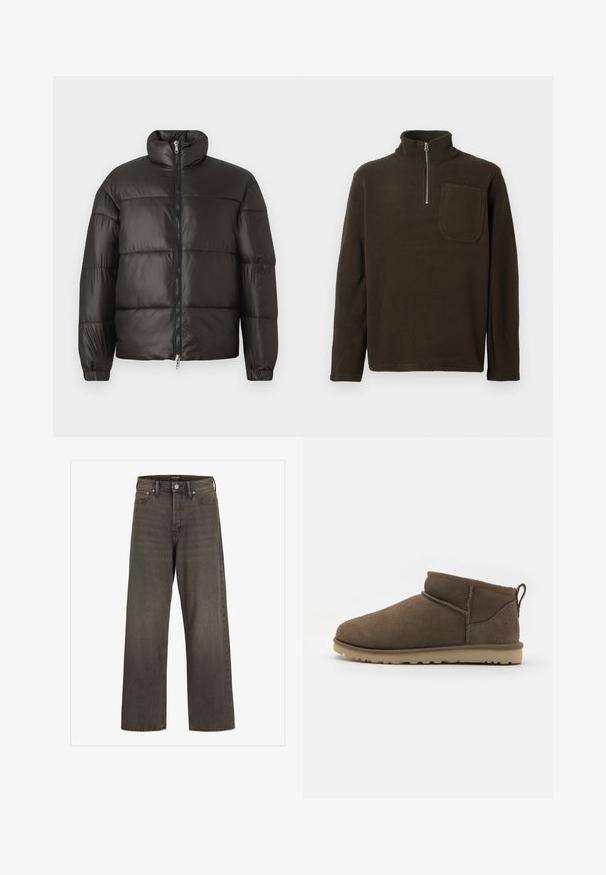 Giacca puffer nera con colletto alto, chiusura con zip e sezioni orizzontali trapuntate. Realizzata in materiale lucido e liscio con polsini elasticizzati.; Pullover in pile marrone con colletto alto, zip a metà e tasca sul petto. Tessuto morbido e vestibilità rilassata, con maniche lunghe.; Jeans a gamba larga in denim grigio scuro, con vita alta, design classico a cinque tasche e cuciture a contrasto lungo le cuciture.; Stivali alla caviglia in suede marrone corto con punta rotonda, cuciture a vista e suola in gomma leggera e testurizzata, dotati di un tassello sul retro.